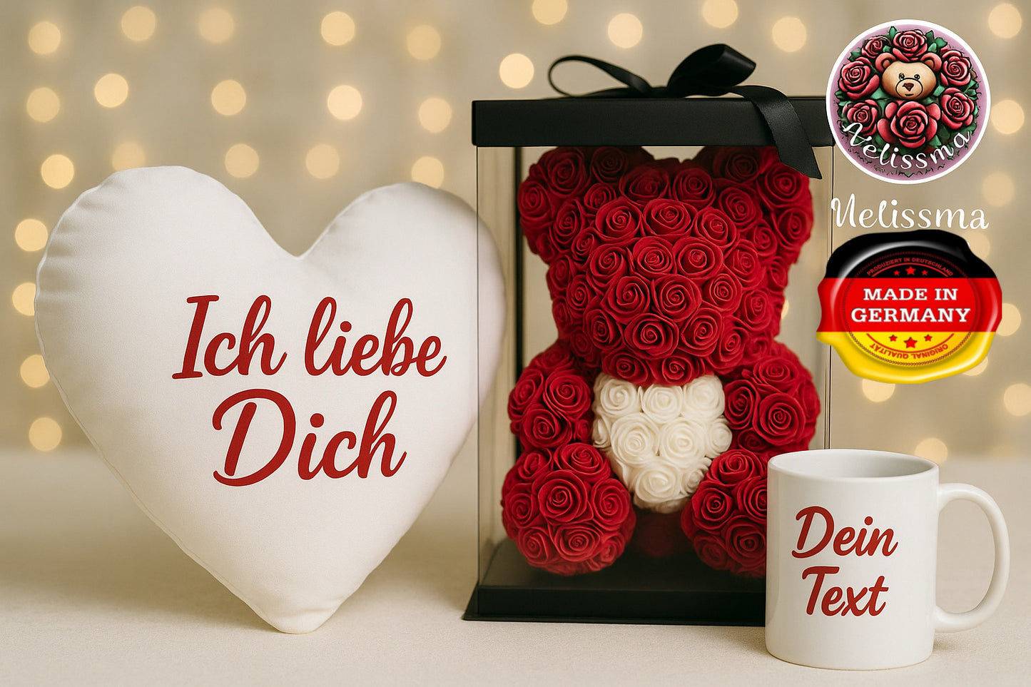 Rosenbär+ Herzkissen+ Personalisierte Tasse