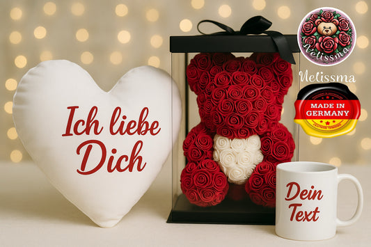 Rosenbär+ Herzkissen+ Personalisierte Tasse