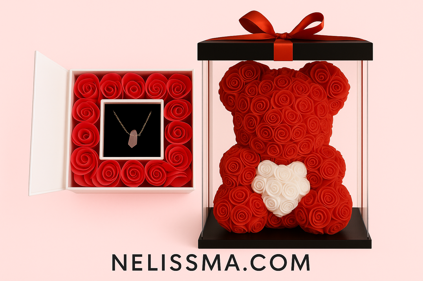 Elegantes Geschenkset – Rosenbär & Halskette mit Rosenbox