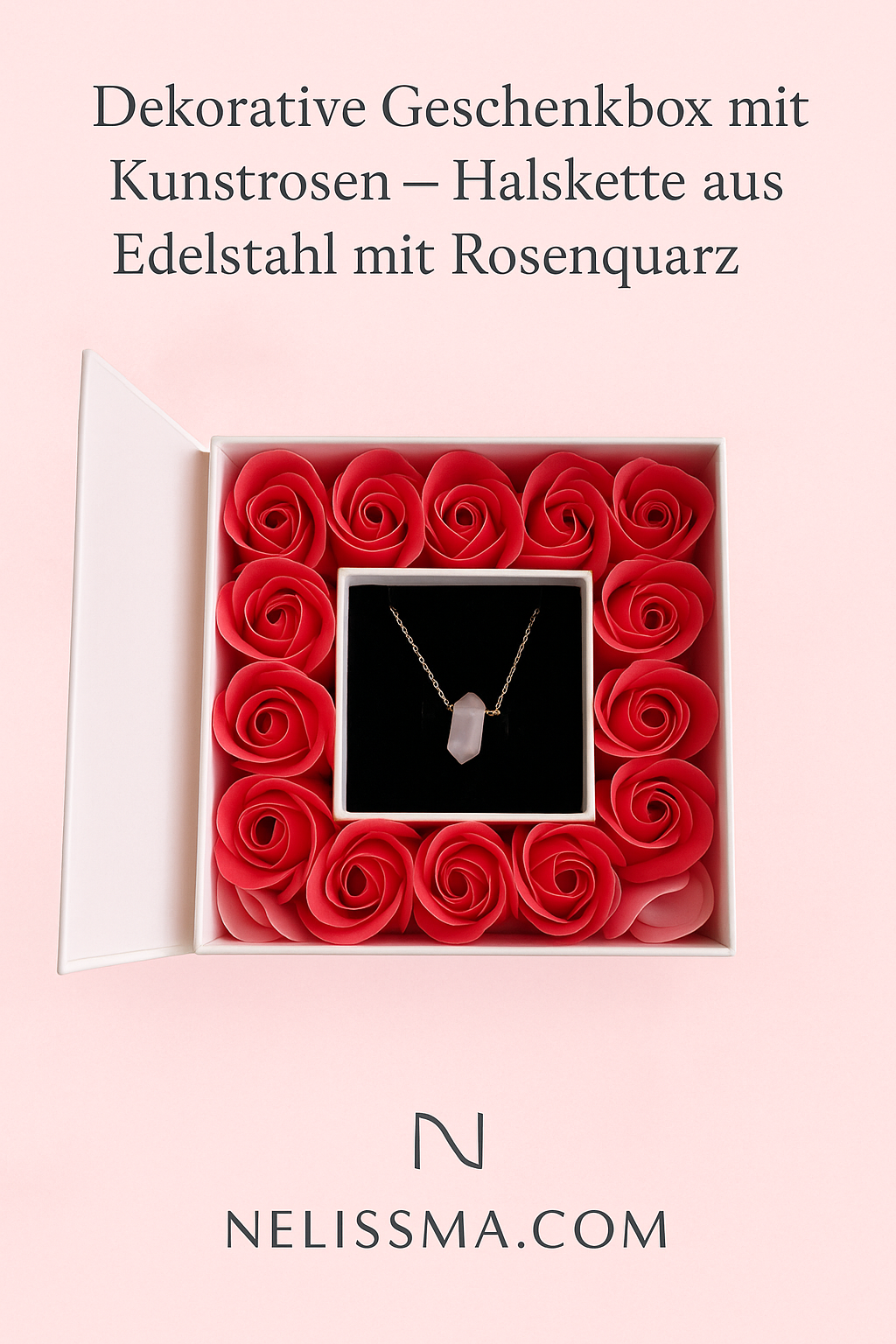 Elegante Geschenkbox mit künstlichen Rosen und Edelstahl-Halskette mit rosa Quarz.