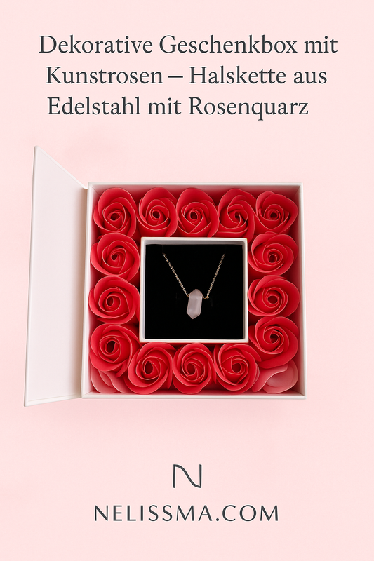 Elegante Geschenkbox mit künstlichen Rosen und Edelstahl-Halskette mit rosa Quarz.
